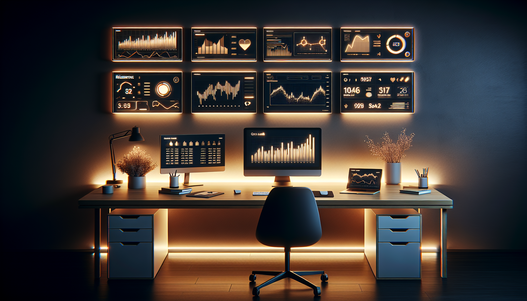 Entrepreneur at modern desk surrounded by glowing digital screens displaying token usage analytics and business metrics in real-time