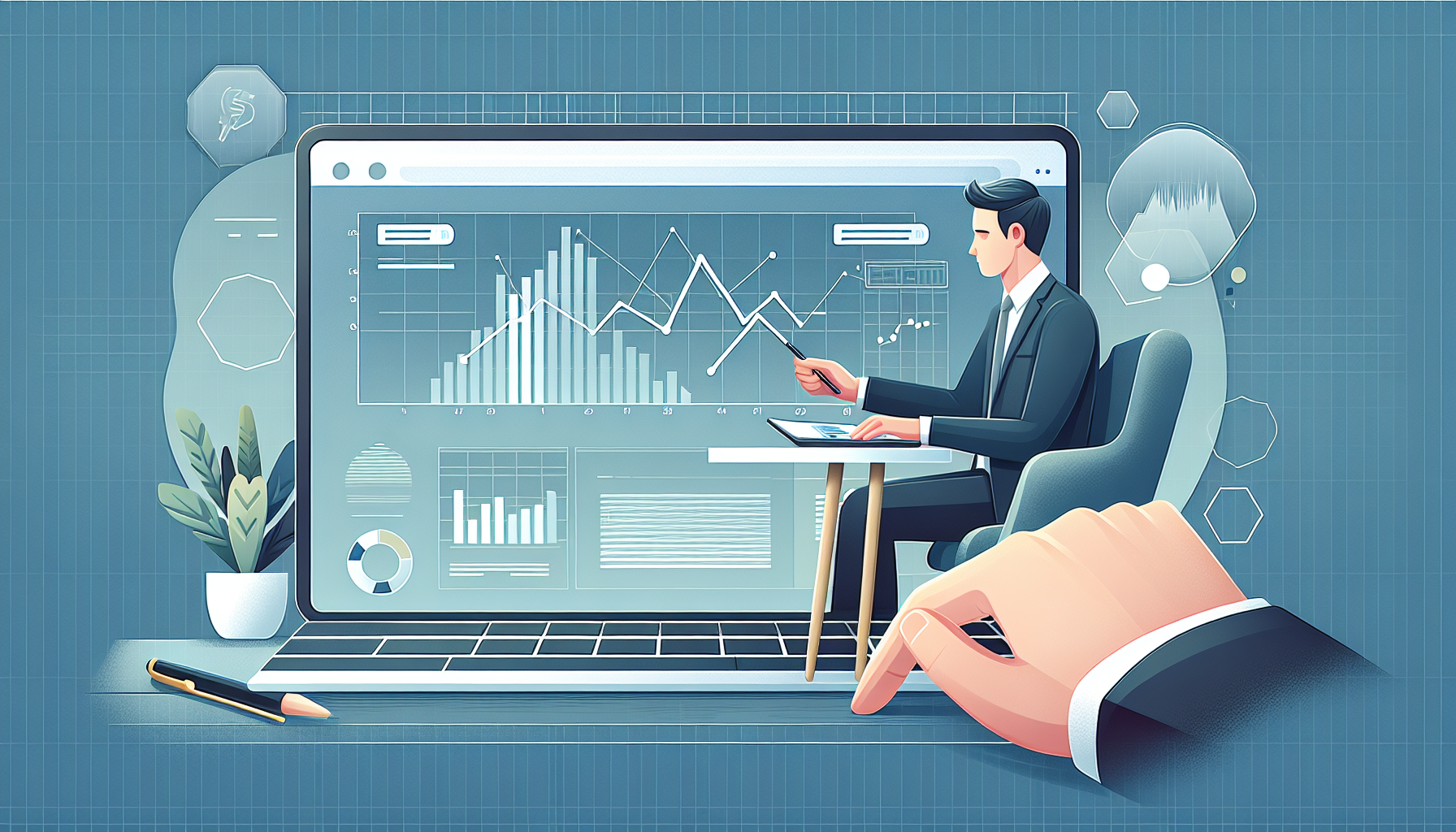 Professional illustration of financial advisor using digital dashboard to analyze investor data and pipeline