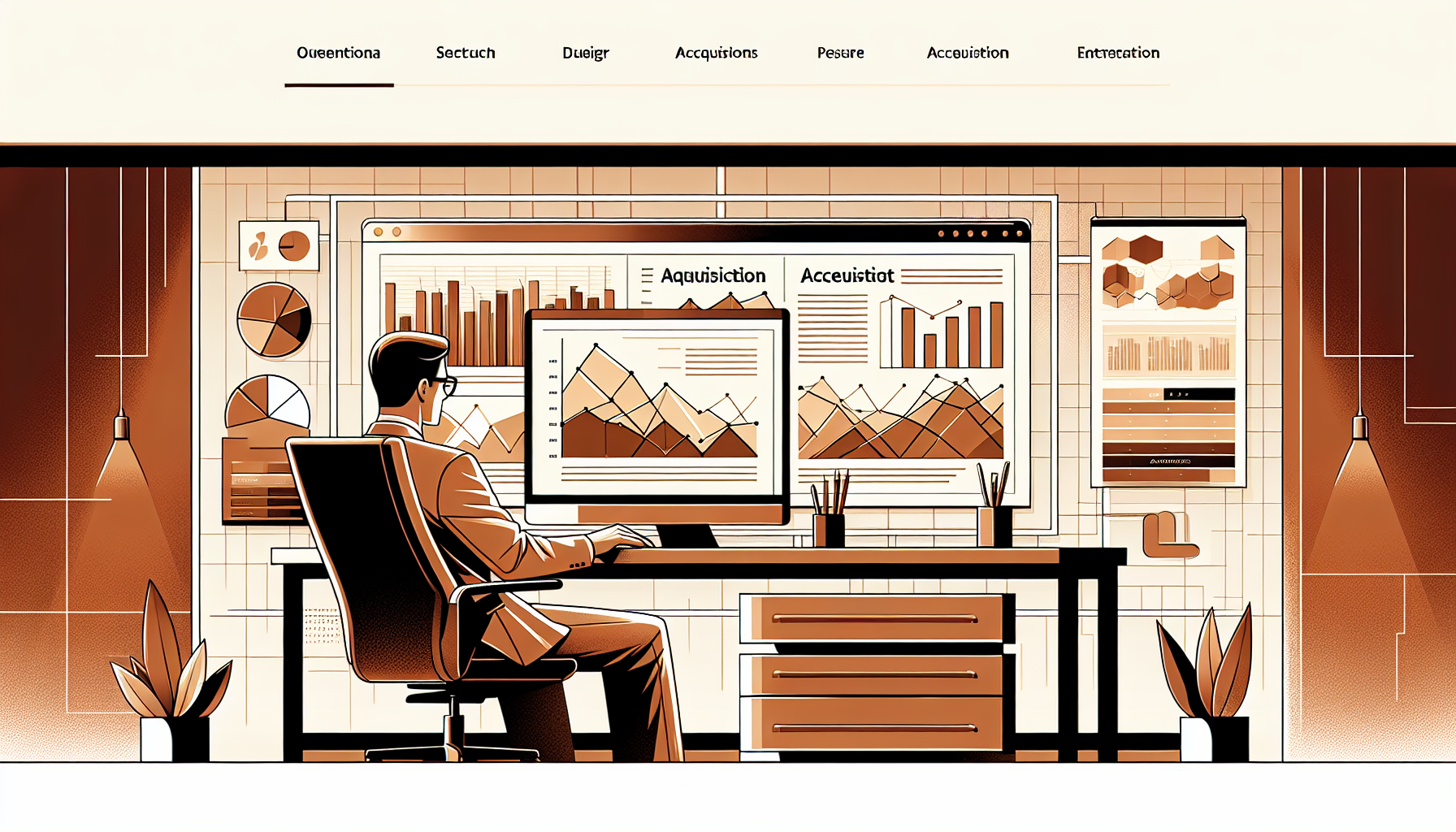 Professional illustration of investment manager analyzing business acquisition data on digital dashboard