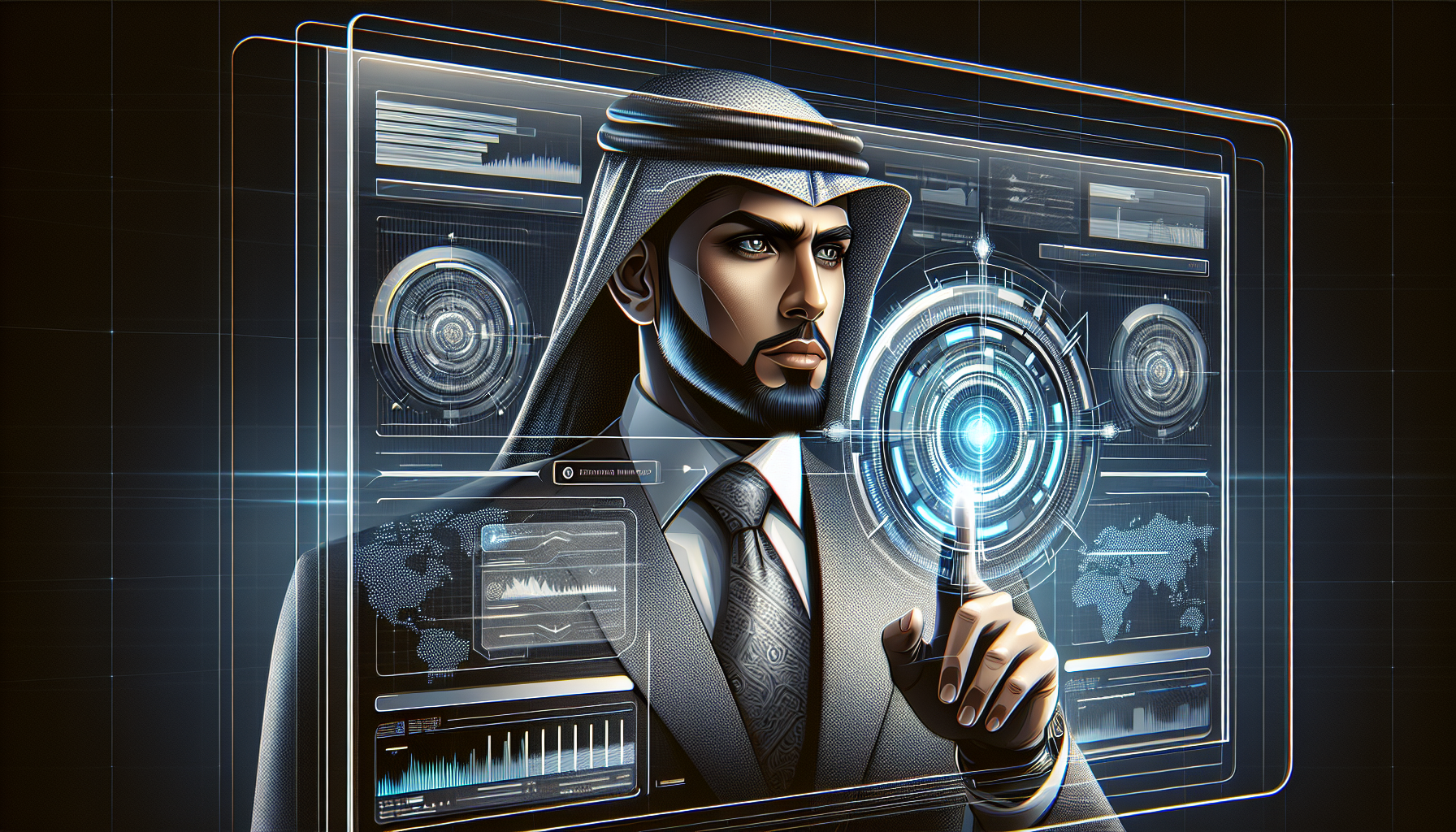 Illustration of business leader strategizing acquisition opportunities on digital dashboard