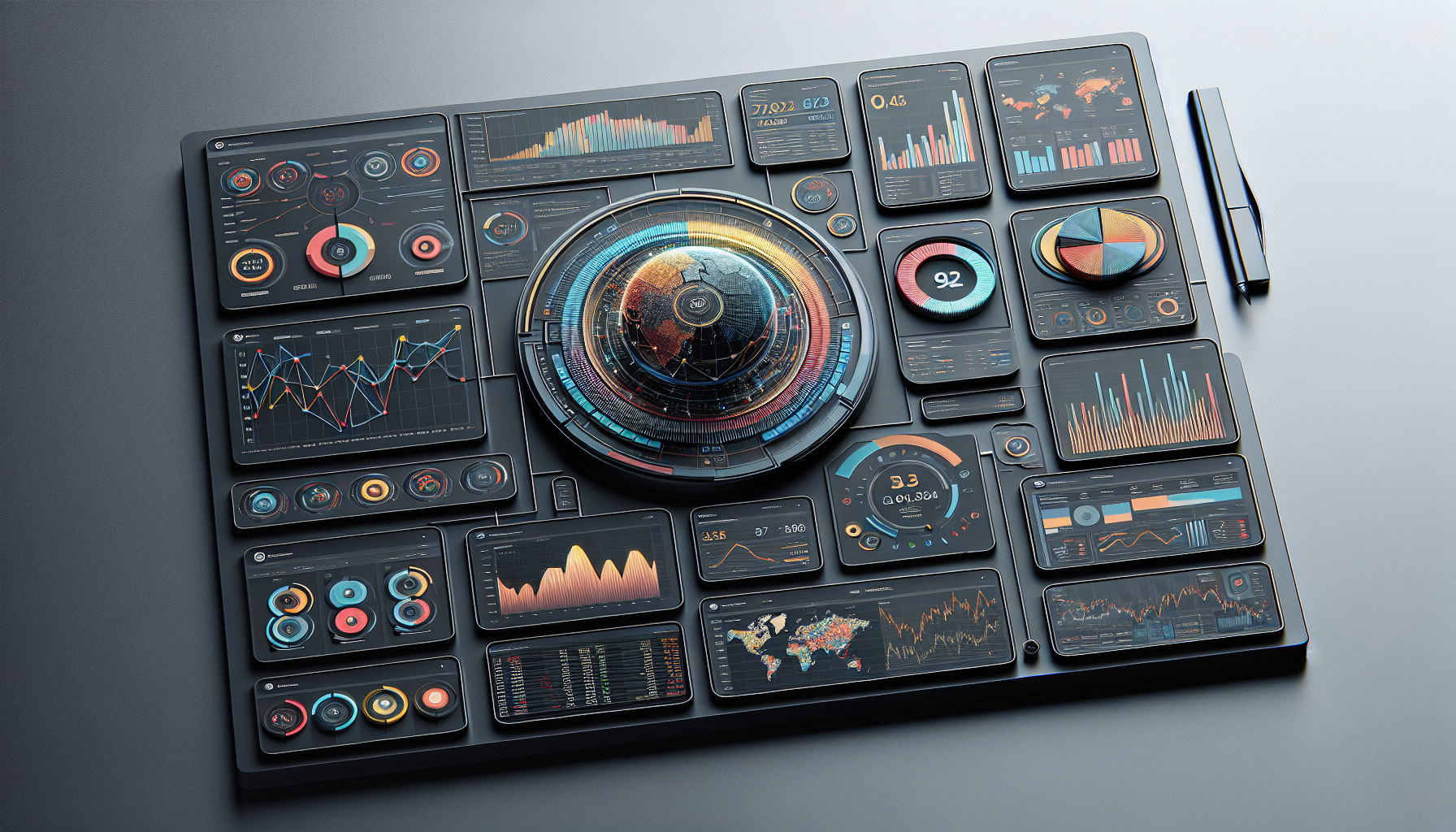 Professional illustration of fund manager reviewing investment portfolio and capital raising strategy on digital dashboard