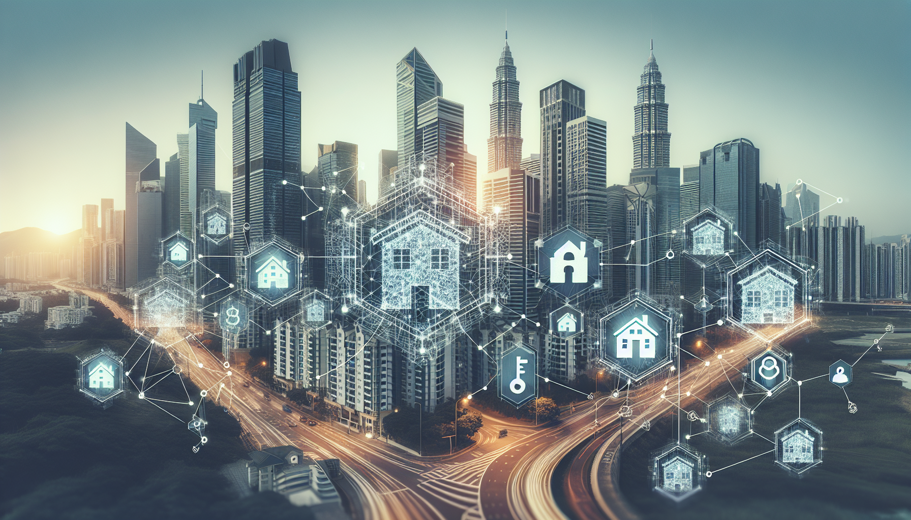 Illustration of digital blockchain network with real estate icons, representing the tokenization of property assets