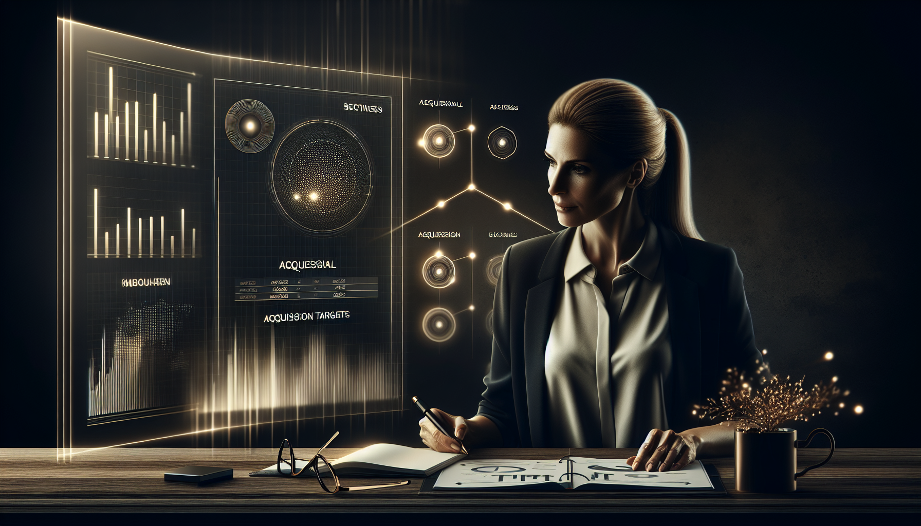 Illustration of a small business owner evaluating financial charts and acquisition opportunities on a digital dashboard