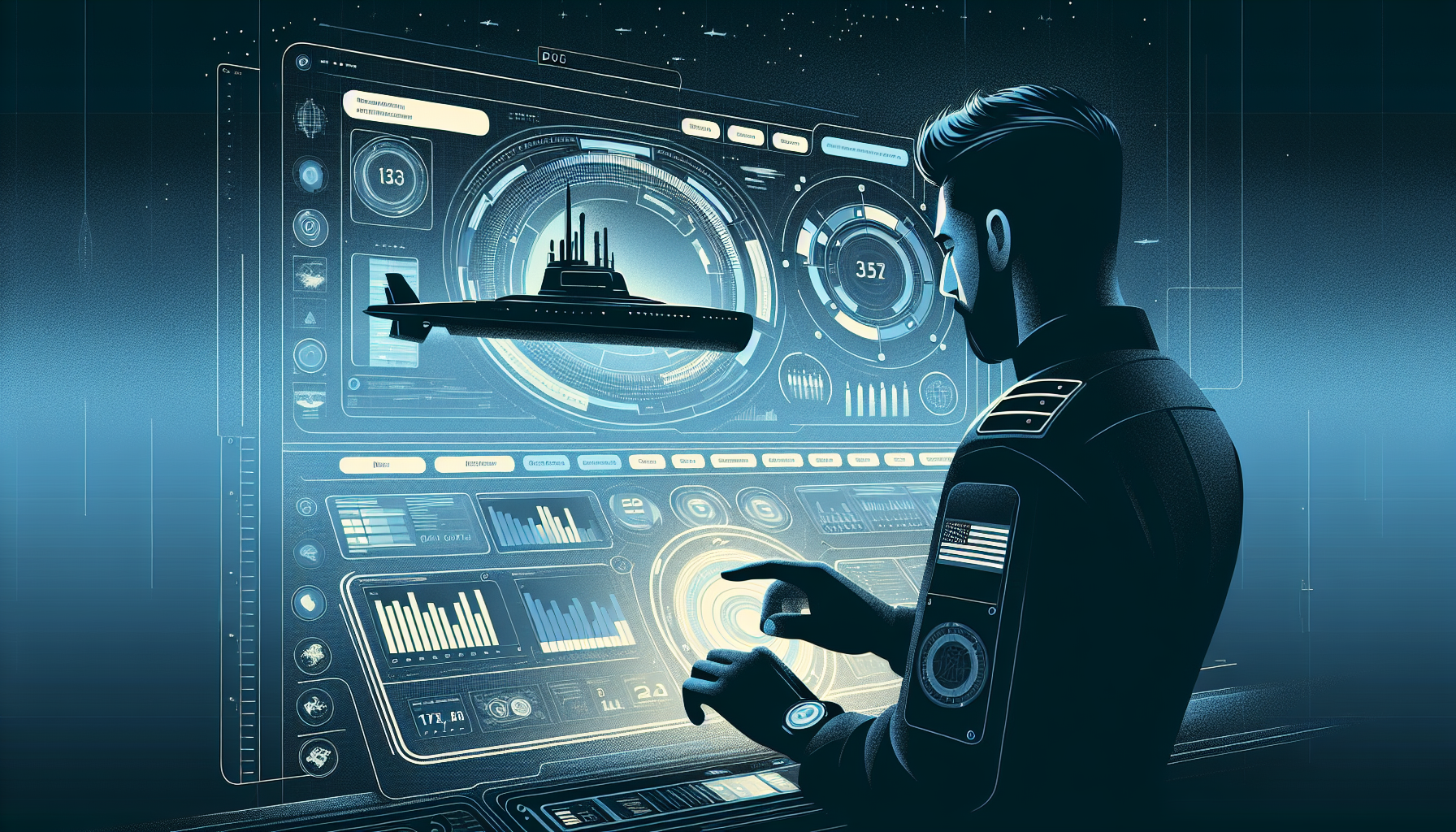 Illustration of a submariner reviewing acquisition targets on a digital map display