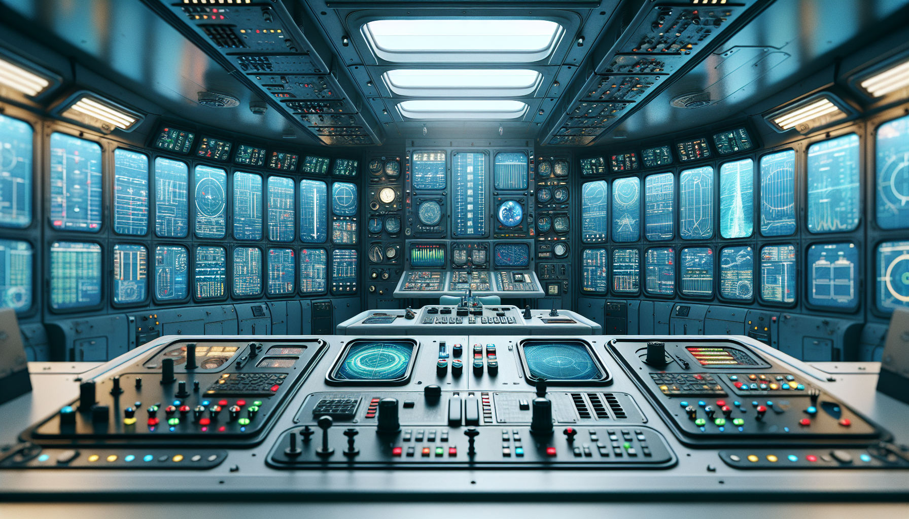 Illustration of a submarine control room with a dashboard of real-time monitoring systems